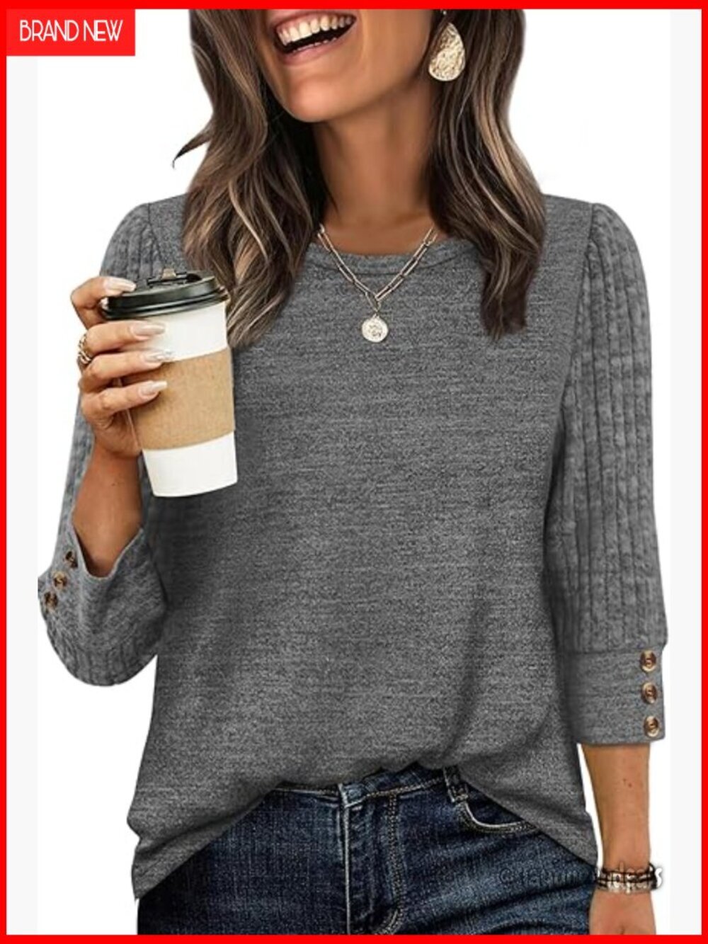 Lightweight 3/4 Sleeve Tunic Top, Regular Fit, Polyester Blend, Button Front